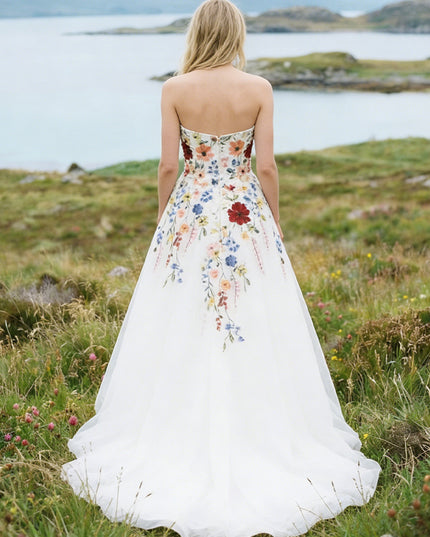 Strapless Lace Embroidered A-Line Backless Long Wedding Dresses