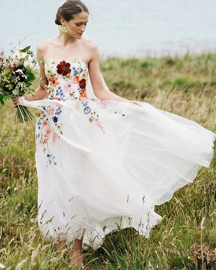 Strapless Lace Embroidered A-Line Backless Long Wedding Dresses