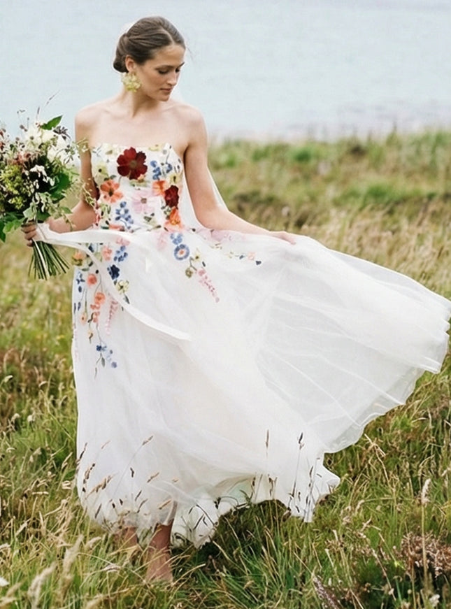 Strapless Lace Embroidered A-Line Backless Long Wedding Dresses