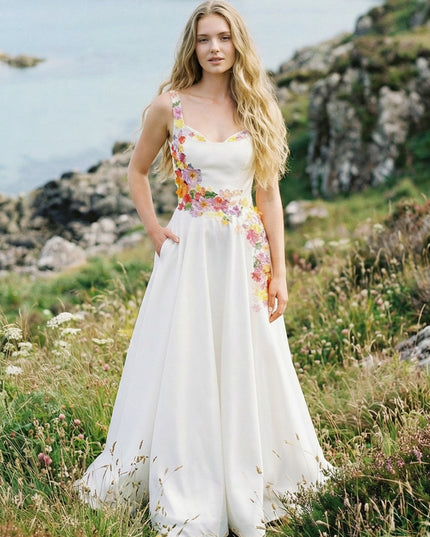 Sweetheart Satin Embroidered A-Line Backless Wedding Dresses