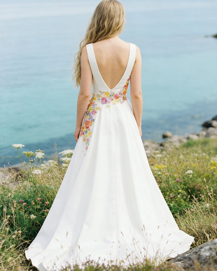 Sweetheart Satin Embroidered A-Line Backless Wedding Dresses