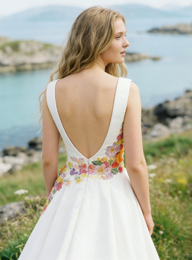 Sweetheart Satin Embroidered A-Line Backless Wedding Dresses