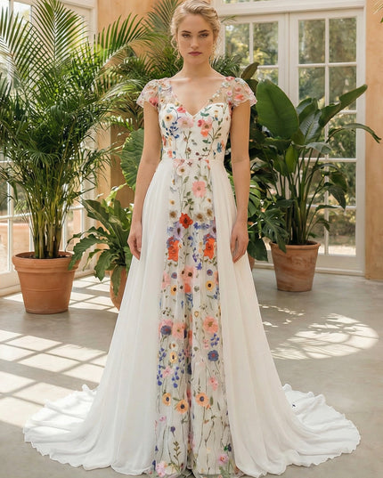 Lace Embroidered A-Line Backless V Neck Wedding Dresses with Sleeves