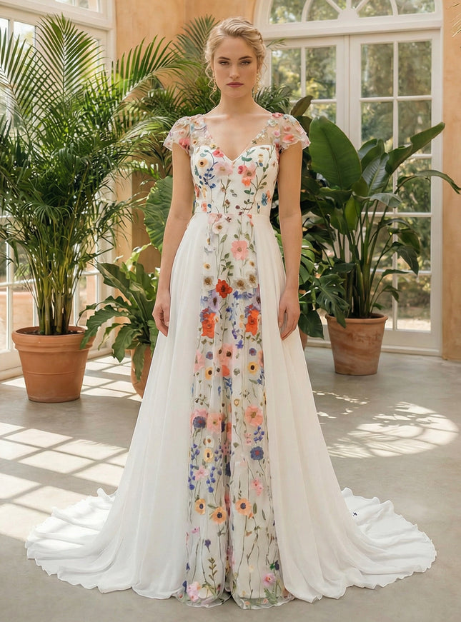 Lace Embroidered A-Line Backless V Neck Wedding Dresses with Sleeves