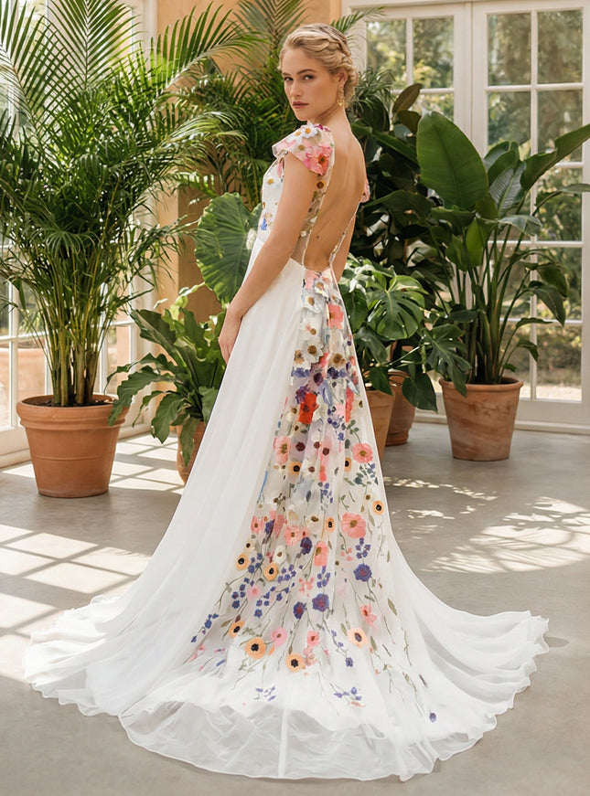 Lace Embroidered A-Line Backless V Neck Wedding Dresses with Sleeves