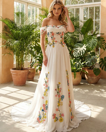 Off the Shoulder Lace Embroidered A-Line Cowl Neck Wedding Dresses