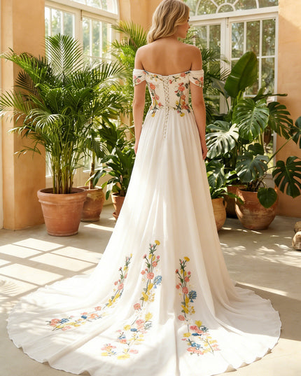 Off the Shoulder Lace Embroidered A-Line Cowl Neck Wedding Dresses