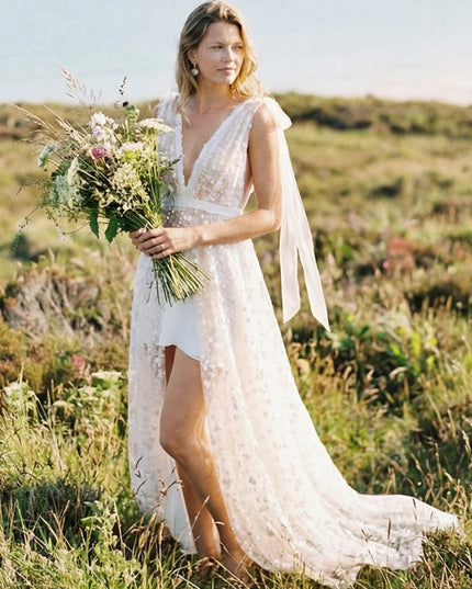 Deep V Neck Lace Appliques A-Line Wedding Dresses with Bows