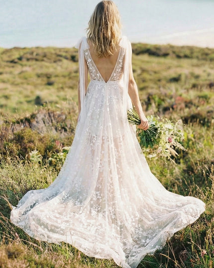 Deep V Neck Lace Appliques A-Line Wedding Dresses with Bows