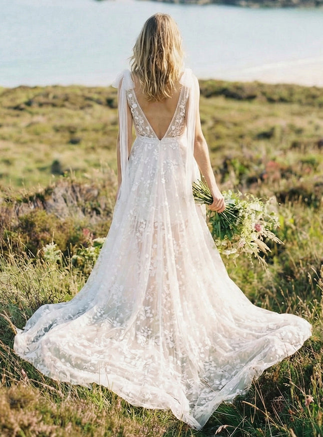 Deep V Neck Lace Appliques A-Line Wedding Dresses with Bows