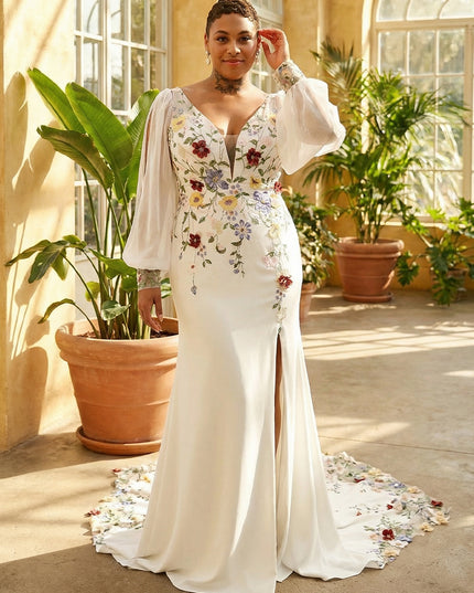 V Neck Lace Embroidered Mermaid Long Sleeves Wedding Dresses with Slit