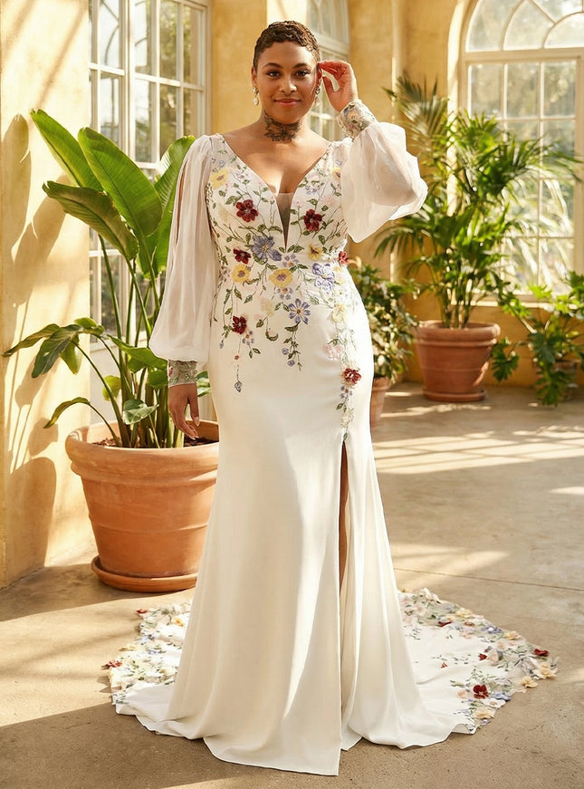 V Neck Lace Embroidered Mermaid Long Sleeves Wedding Dresses with Slit