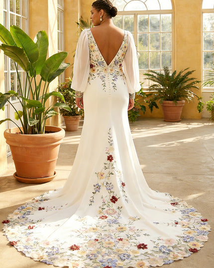 V Neck Lace Embroidered Mermaid Long Sleeves Wedding Dresses with Slit
