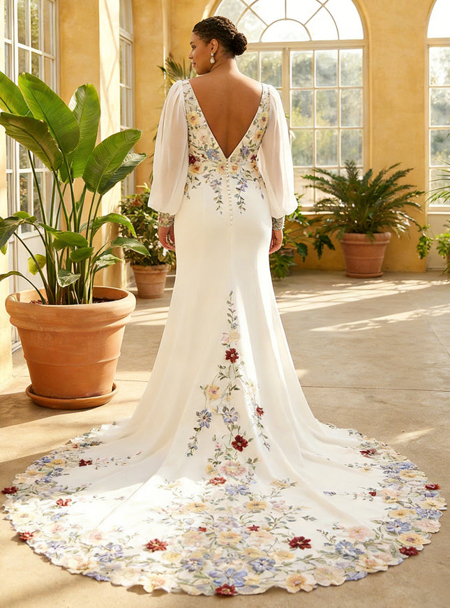 V Neck Lace Embroidered Mermaid Long Sleeves Wedding Dresses with Slit