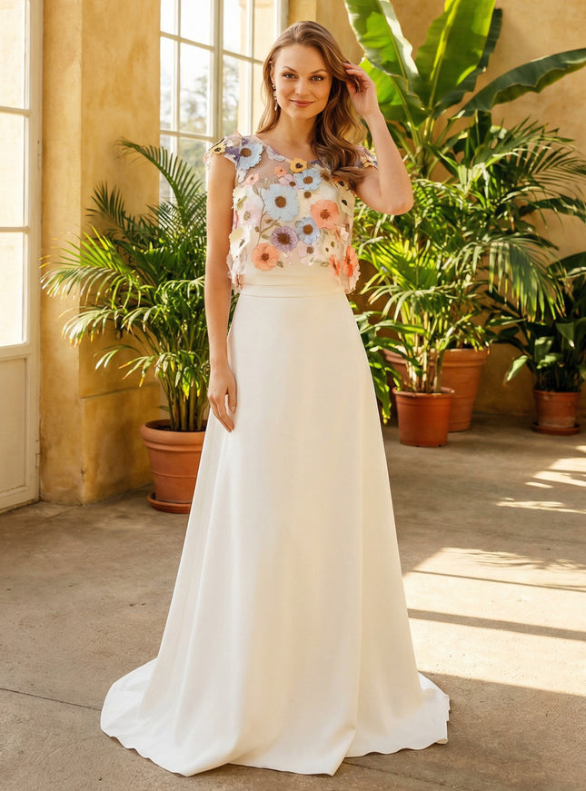 Jewel Neck Lace Appliques A-Line Satin Wedding Dresses with 3D Flower