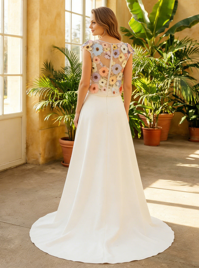 Jewel Neck Lace Appliques A-Line Satin Wedding Dresses with 3D Flower