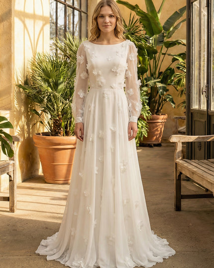 Lace Appliques Jewel Neck A-Line Long Wedding Dresses with 3D Flower
