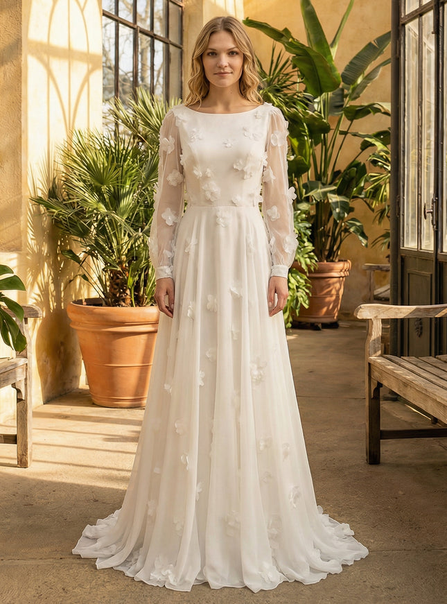Lace Appliques Jewel Neck A-Line Long Wedding Dresses with 3D Flower