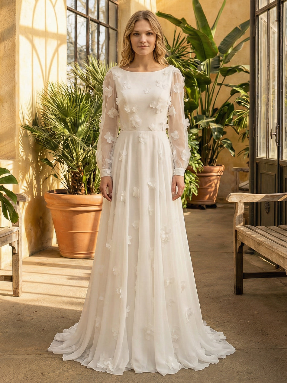 Lace Appliques Jewel Neck A-Line Long Wedding Dresses with 3D Flower