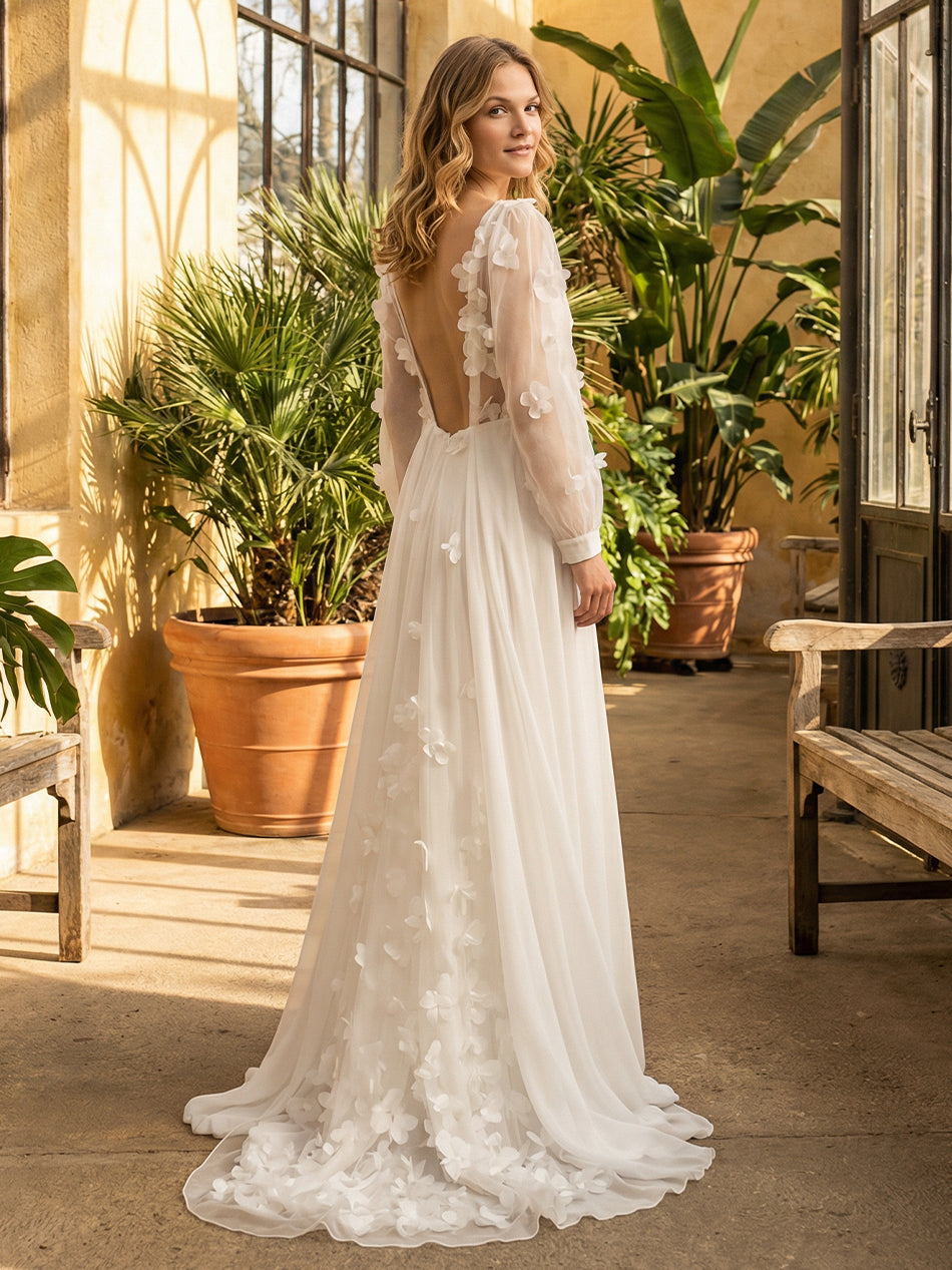 Lace Appliques Jewel Neck A-Line Long Wedding Dresses with 3D Flower