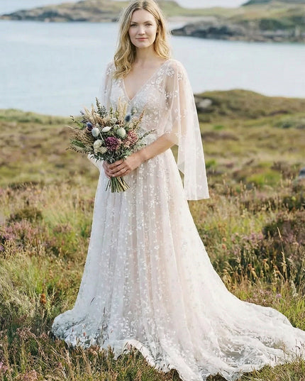 Lace Appliques V Neck A-Line Backless Wedding Dresses with Sleeves