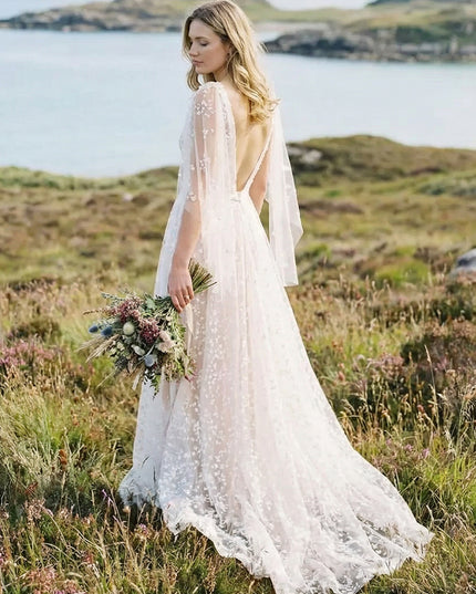 Lace Appliques V Neck A-Line Backless Wedding Dresses with Sleeves