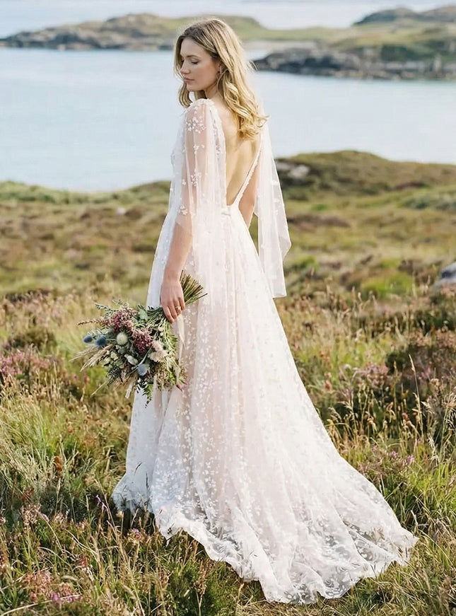 Lace Appliques V Neck A-Line Backless Wedding Dresses with Sleeves