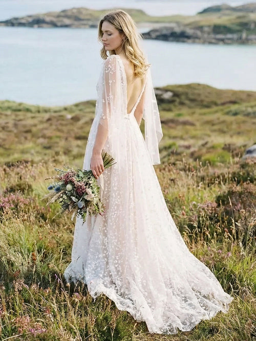 backless dresses wedding Lace Appliques V Neck A-Line Backless Wedding Dresses with Sleeves