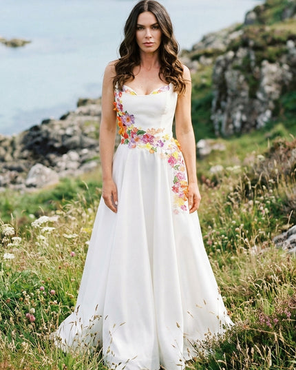 Satin Appliques Strapless A-Line Backless Wedding Dresses with 3D Flower