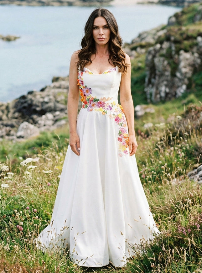 Satin Appliques Strapless A-Line Backless Wedding Dresses with 3D Flower