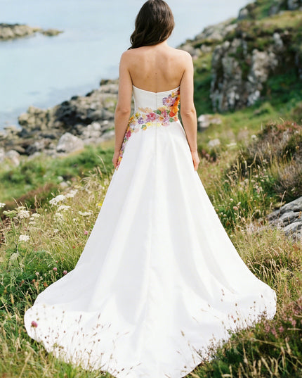 Satin Appliques Strapless A-Line Backless Wedding Dresses with 3D Flower