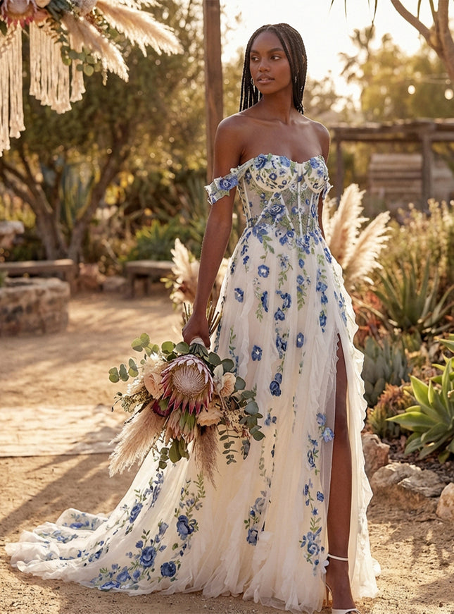 Off the Shoulder Lace Appliques A-Line Backless Wedding Dresses