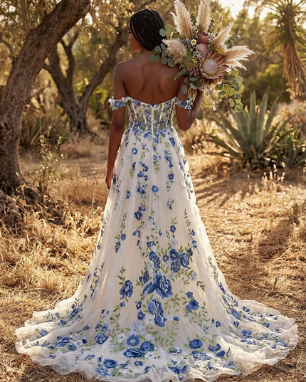 Off the Shoulder Lace Appliques A-Line Backless Wedding Dresses