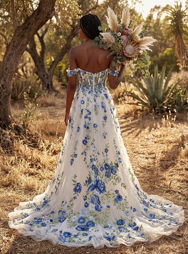 Off the Shoulder Lace Appliques A-Line Backless Wedding Dresses