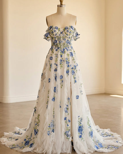 Off the Shoulder Lace Appliques A-Line Backless Wedding Dresses