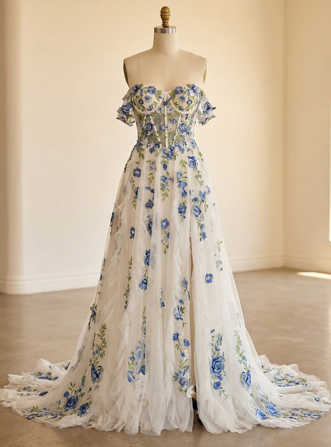 Off the Shoulder Lace Appliques A-Line Backless Wedding Dresses