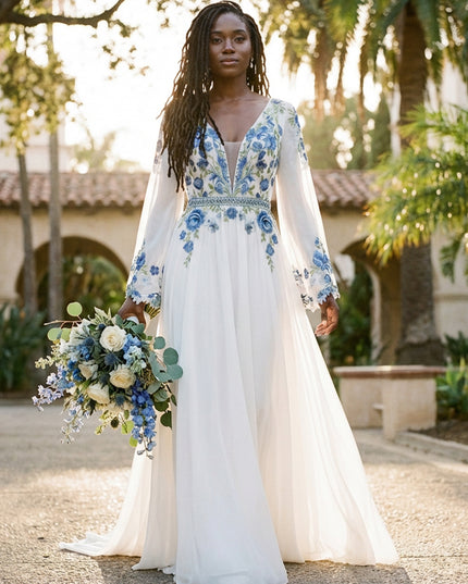 Lace Embroidered A-Line Long Sleeves V Neck Wedding Dresses