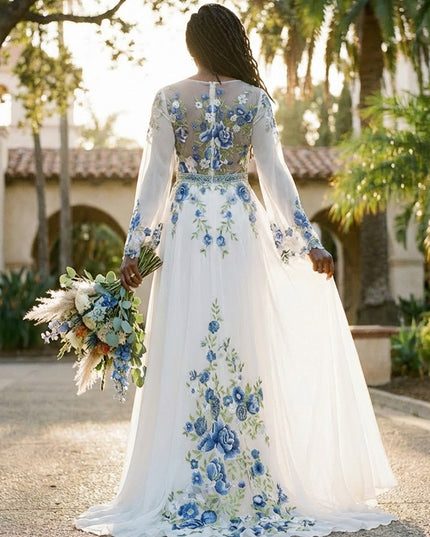 Lace Embroidered A-Line Long Sleeves V Neck Wedding Dresses