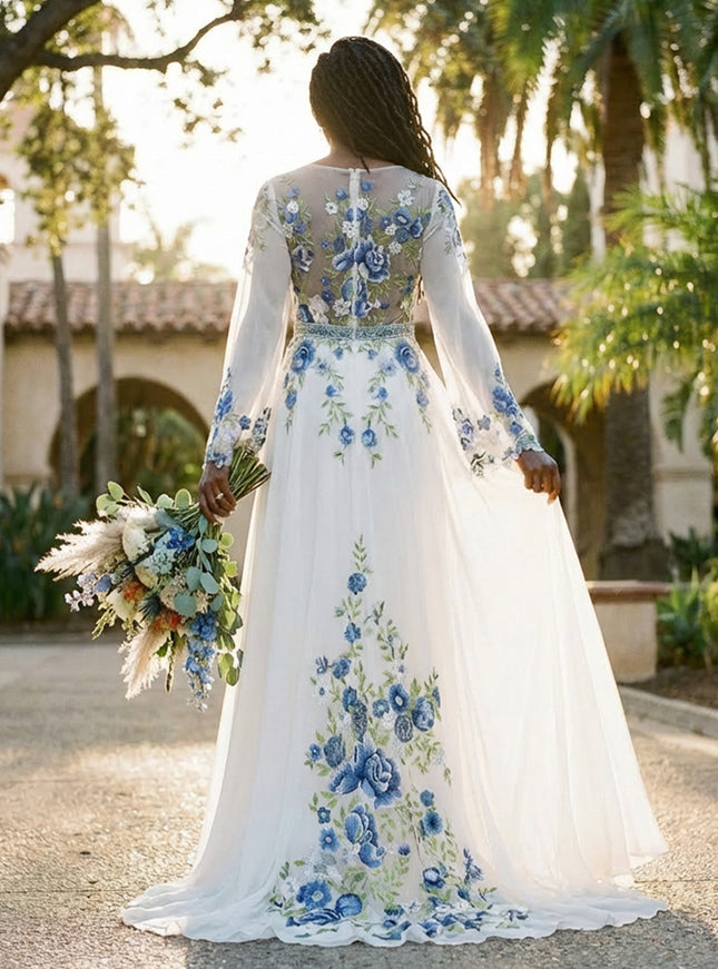 Lace Embroidered A-Line Long Sleeves V Neck Wedding Dresses