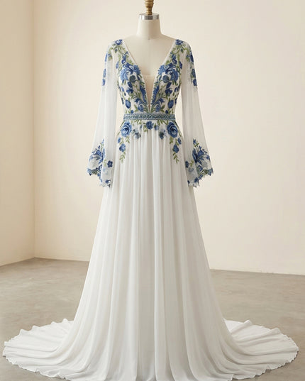 Lace Embroidered A-Line Long Sleeves V Neck Wedding Dresses