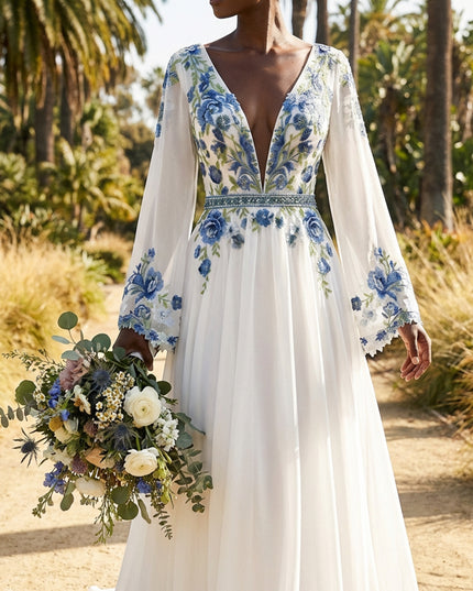 Lace Embroidered A-Line Long Sleeves V Neck Wedding Dresses