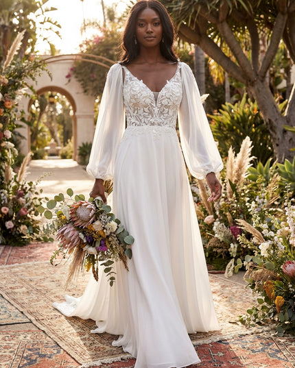 V Neck Lace Appliques A-Line Long Sleeves Wedding Dresses