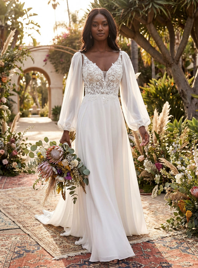V Neck Lace Appliques A-Line Long Sleeves Wedding Dresses