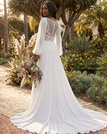 V Neck Lace Appliques A-Line Long Sleeves Wedding Dresses