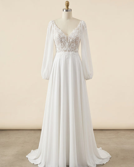 V Neck Lace Appliques A-Line Long Sleeves Wedding Dresses