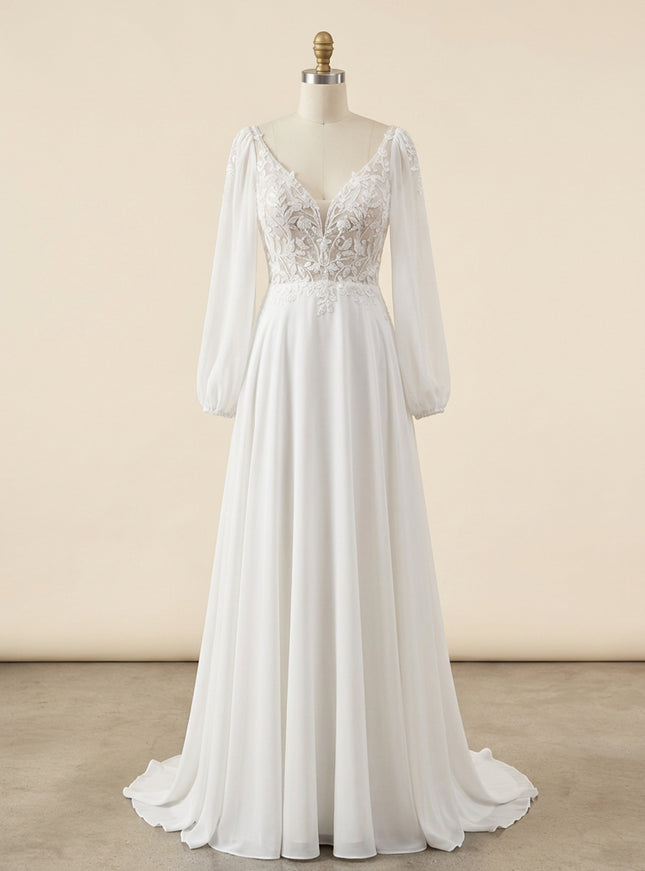 V Neck Lace Appliques A-Line Long Sleeves Wedding Dresses
