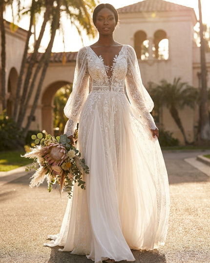 Lace Appliques A-Line Long Sleeves V Neck Wedding Dresses with Backless