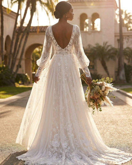 Lace Appliques A-Line Long Sleeves V Neck Wedding Dresses with Backless