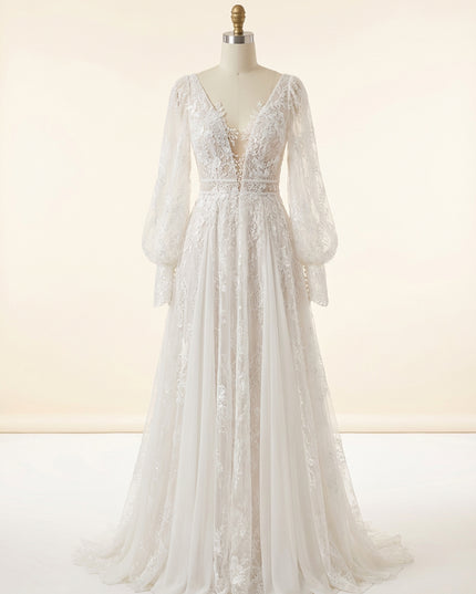 Lace Appliques A-Line Long Sleeves V Neck Wedding Dresses with Backless