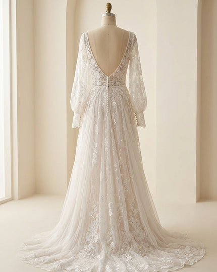 Lace Appliques A-Line Long Sleeves V Neck Wedding Dresses with Backless